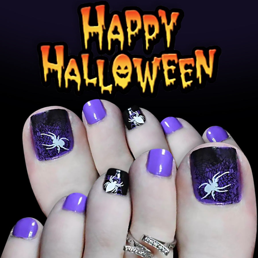 Spooky Halloween Short Square Purple and Black Toenail Set with Creepy Spider Design