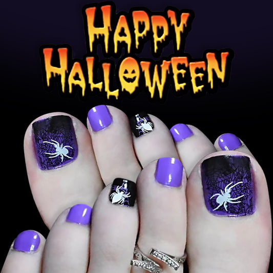 Spooky Halloween Short Square Purple and Black Toenail Set with Creepy Spider Design
