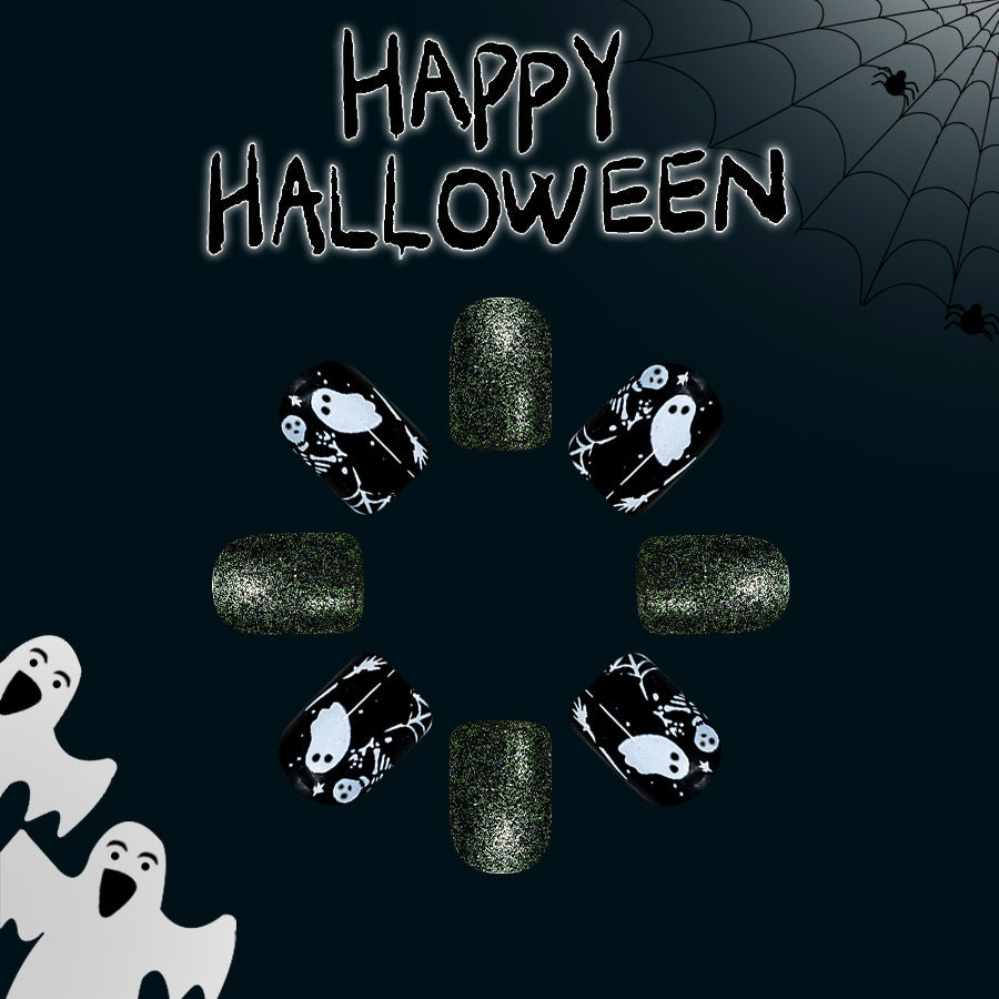 Spooky Elegance Medium Square Black and Glittery Green with Ghostly Designs Press-on Nail Set