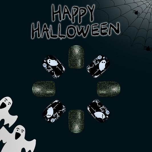Spooky Elegance Medium Square Black and Glittery Green with Ghostly Designs Press-on Nail Set