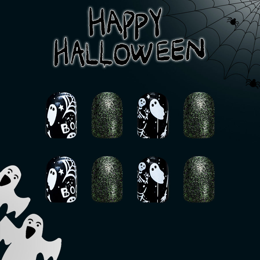 Spooktacular Halloween Medium Square Black with Ghostly Designs and Glitter Finish Press on Nail Set