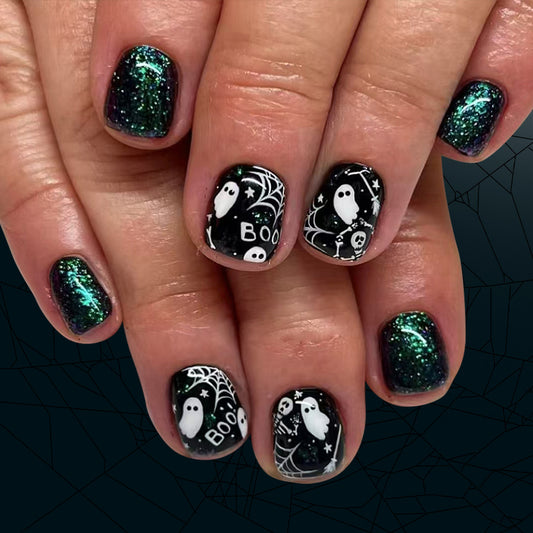 Hauntingly Elegant Short Square Green Glittery Press-On Nail Set with Spooky Ghost and Spider Designs