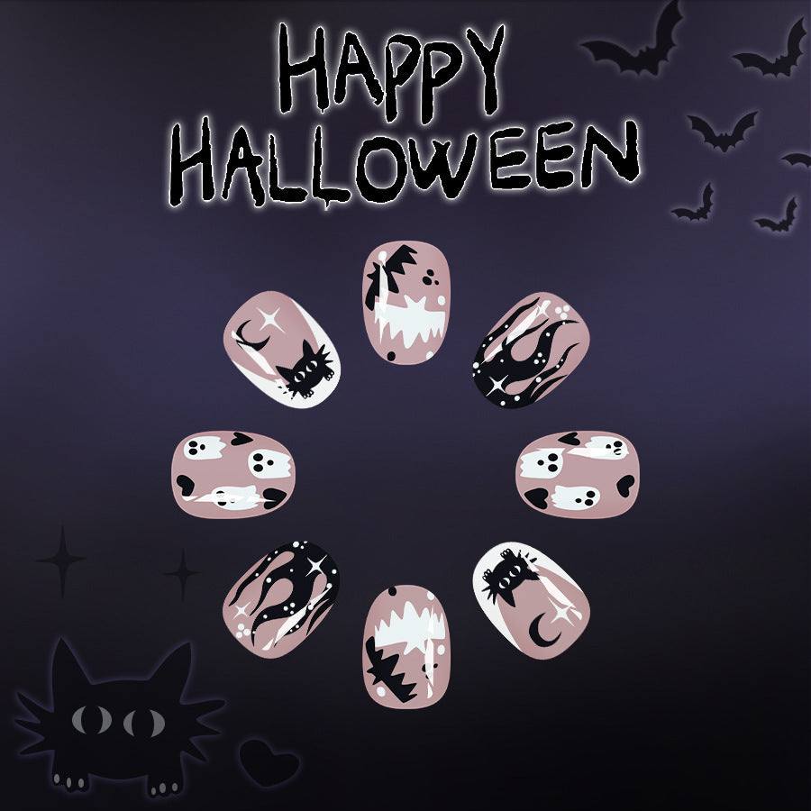 Spooky Halloween Short Oval Pink and White Press-On Nail Set with Unique Cat and Ghost Designs