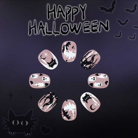 Spooky Halloween Short Oval Pink and White Press-On Nail Set with Unique Cat and Ghost Designs