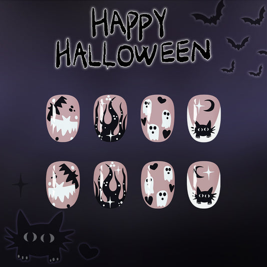 Spooky Halloween Short Oval Pink Shine with Creepy Ghosts and Whimsical Cats Press On Nail Set