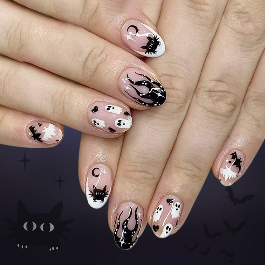 Spooky Midnight Short Oval Pink and Black Press On Nail Set with Haunting Ghost and Cat Designs