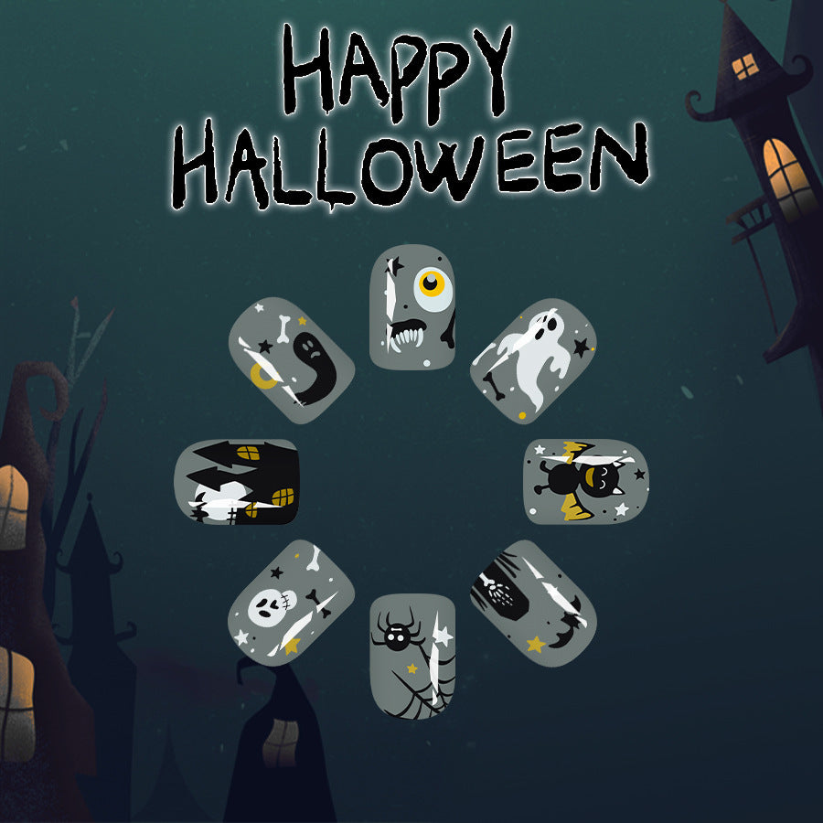 Spooky Halloween Press On Nail Set Medium Square Gray With Ghostly Designs