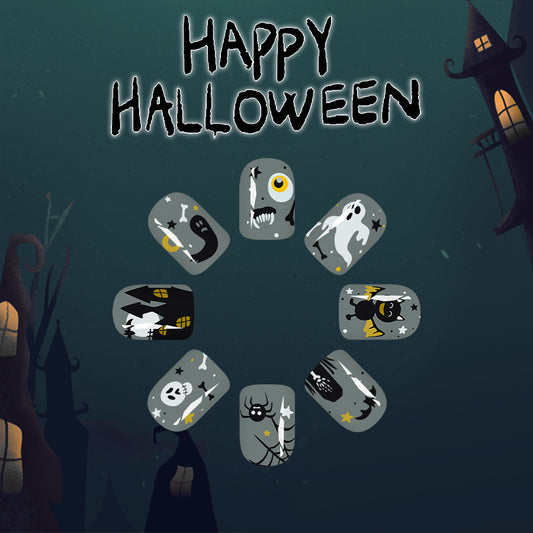 Spooky Halloween Press On Nail Set Medium Square Gray With Ghostly Designs