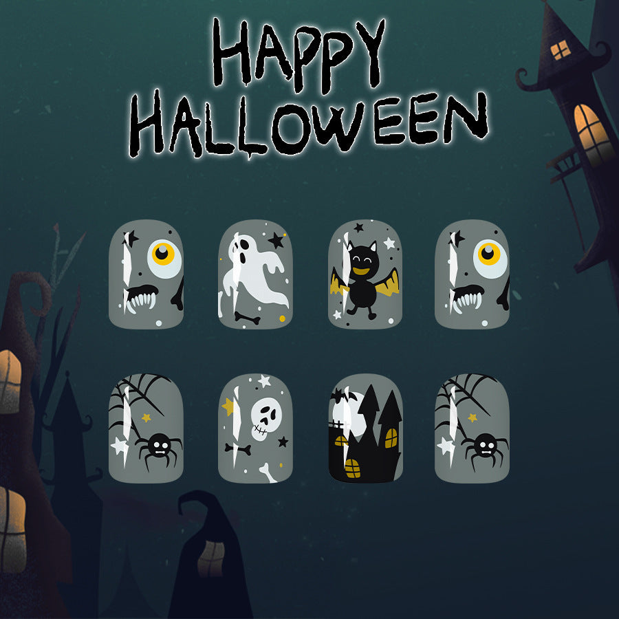 Spooky Celebration Medium Square Gray Press on Nail Set with Halloween Themed Characters