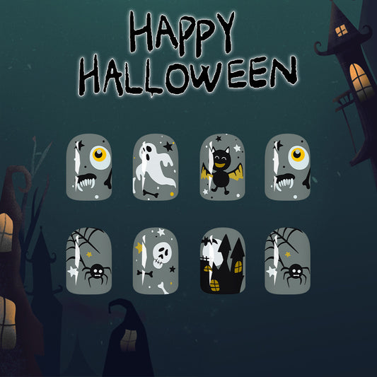 Spooky Celebration Medium Square Gray Press on Nail Set with Halloween Themed Characters