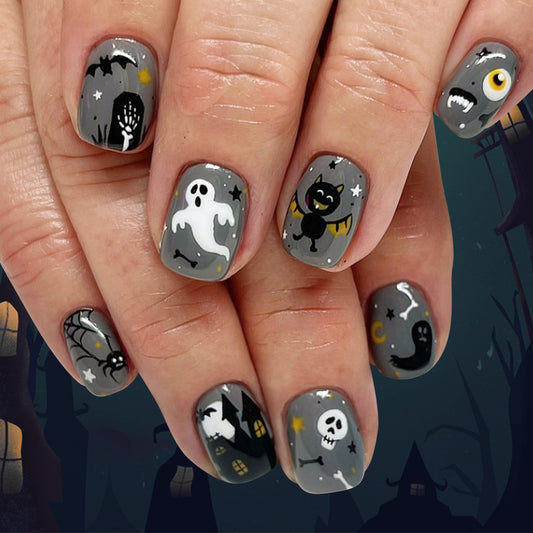 Spooky Halloween Medium Square Grey Nails with Whimsical Ghost and Bat Designs