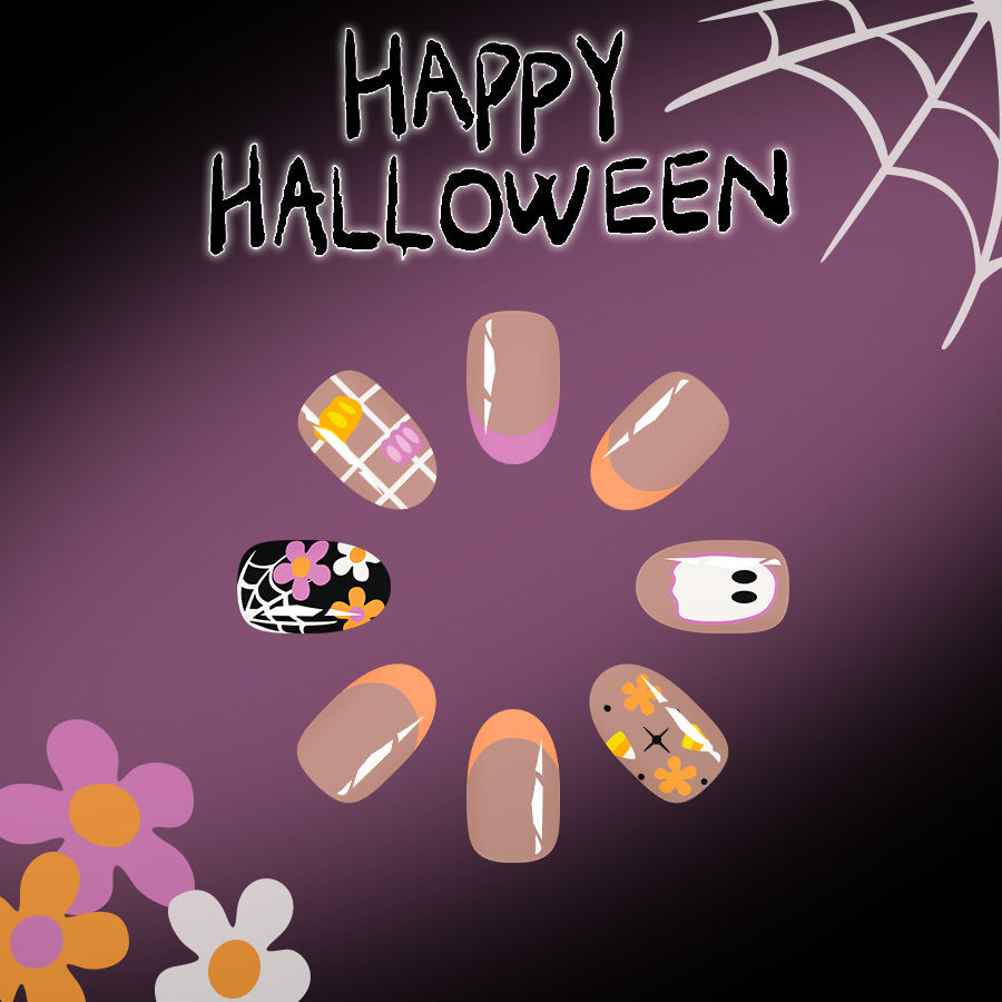 Spooktacular Medium Oval Orange and Beige Press on Nail Set with Halloween Themed Designs