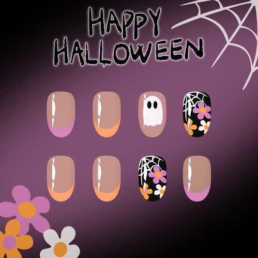 Spooky Halloween Medium Oval Press On Nail Set in Beige Pink and Black with Ghost and Flower Accents