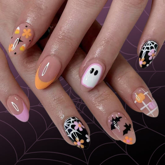 Spooky Chic Medium Oval Press-On Nail Set in Pastel Orange, Pink and Black with Charming Halloween Designs