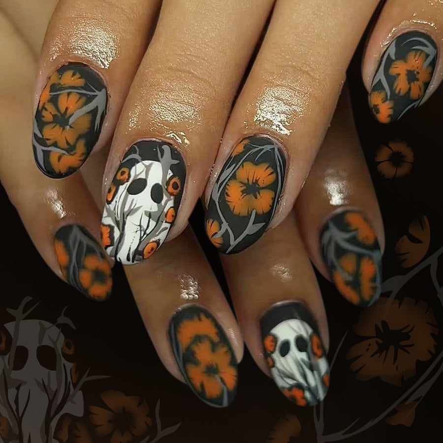 Spooky Floral Medium Oval Black and Orange Nail Set with Skull Design