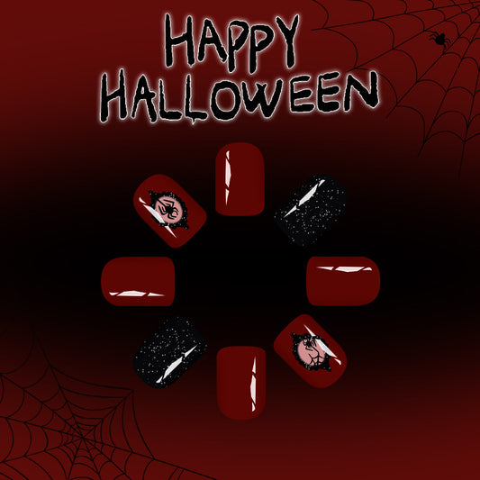 Spooky Glamorous Short Square Red and Black Halloween Press on Nail Set with Unique Monster Design