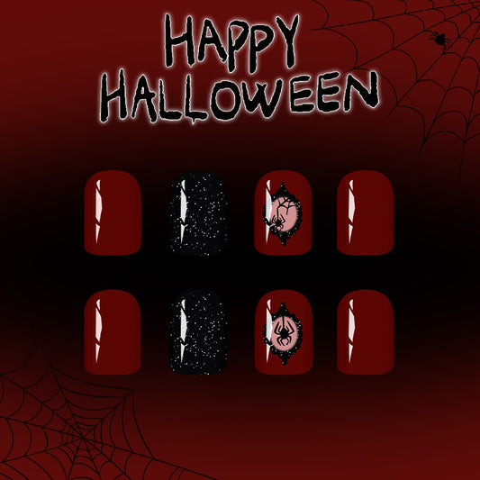 Spooky Classic Short Square Red and Black Nail Set Featuring Glitter and Halloween Designs