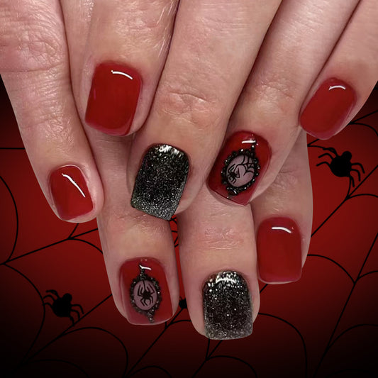 Spooky Elegance Short Square Red and Black Glitter Press on Nail Set with Intricate Spider Design