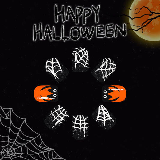 Spooky Halloween Short Square Black and Orange Press-On Nail Set with Fun Spider Web Design