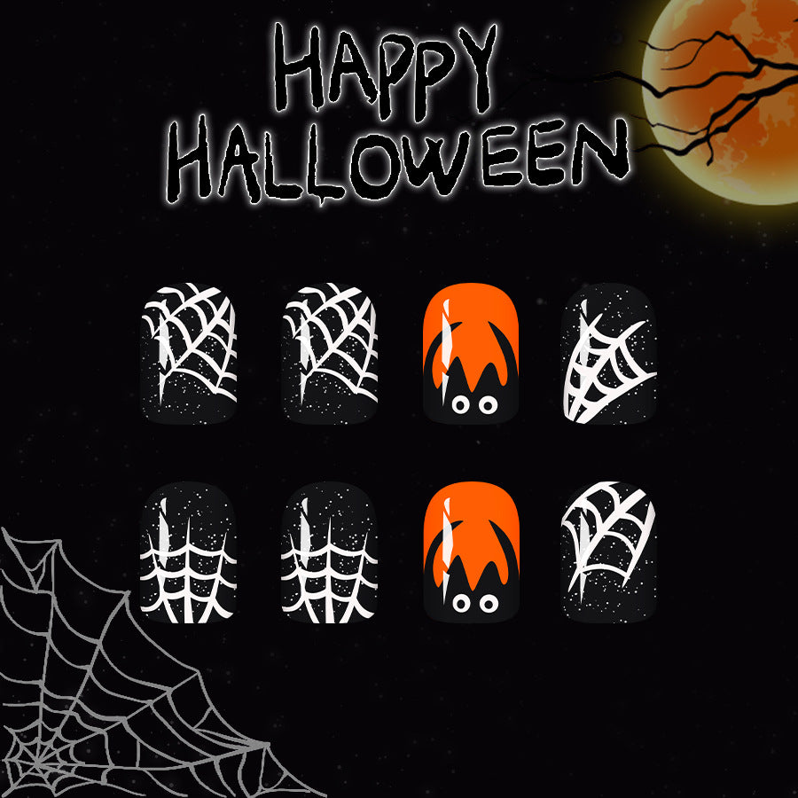 Spooktacular Halloween Short Square Black and Orange Nail Set with Creepy Spider Web Design