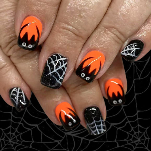 Spooky Vibes Short Square Orange and Black with Spider Webs and Eyes Press On Nail Set