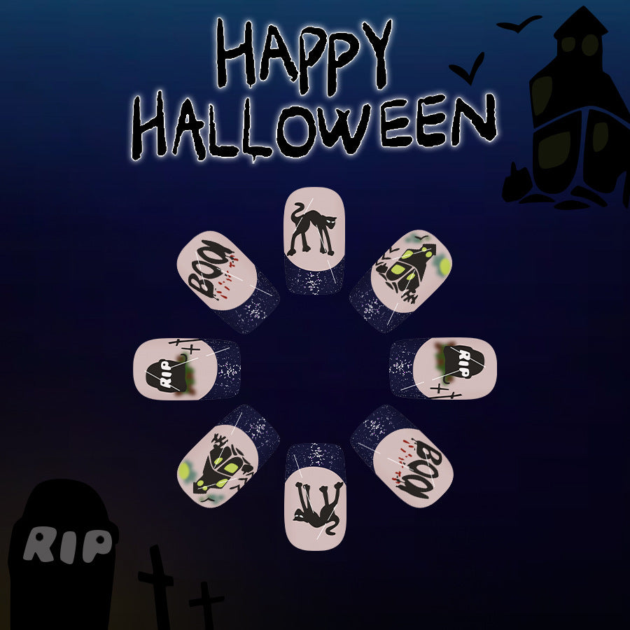 Spooky Halloween Short Square Black and Green Press-On Nail Set with Eerie Designs
