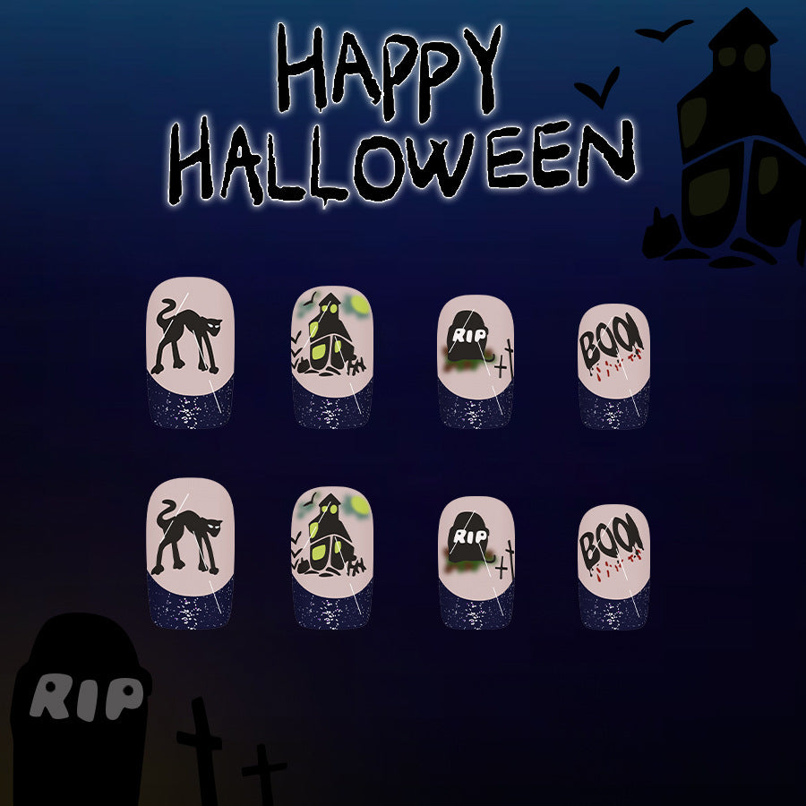 Spooky Halloween Short Square Soft Pink Ghostly Glow Press On Nail Set with Creepy Cat and Haunted House Designs