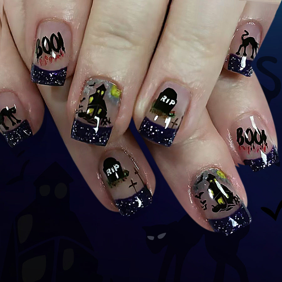 Hauntingly Elegant Short Square Press-On Nail Set in Dark Purple with Glittery Tips and Spooky Halloween Designs