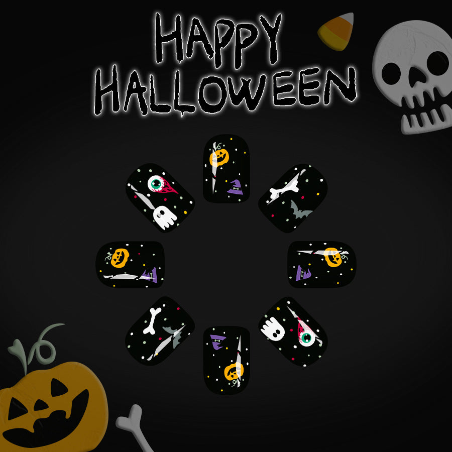 Spooky Halloween Short Square Black Press On Nail Set with Whimsical Ghost and Pumpkin Designs