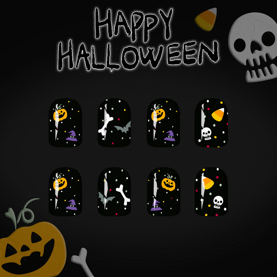 Spooktacular Halloween Press on Nail Set Short Square Black with Whimsical Ghosts and Pumpkins