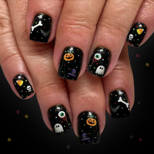 Spooky Midnight Short Square Press On Nail Set in Jet Black with Whimsical Halloween Designs