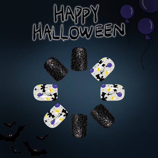 Spooky Halloween Short Square Black and White Bat Design with Glitter Accents Press On Nail Set