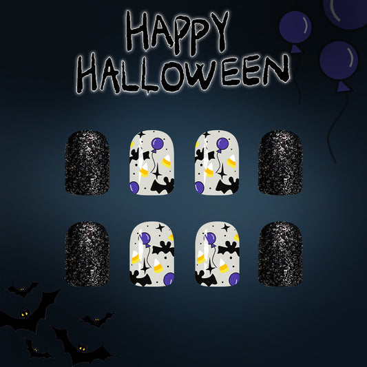 Halloween Glamour Short Square Black Glitter and Spooky Balloon Design Press On Nail Set