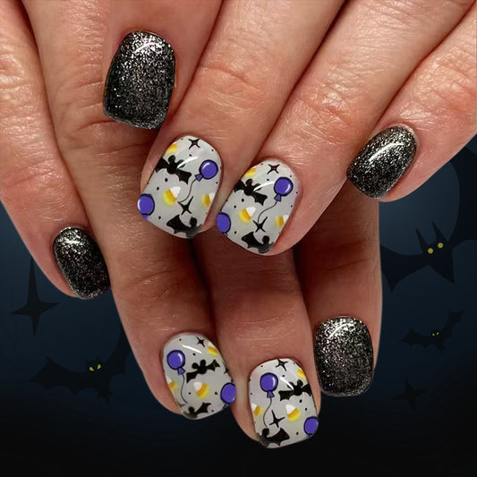 Spooky Elegance Square Short Black and Grey with Bat and Balloon Design Press on Nail Set