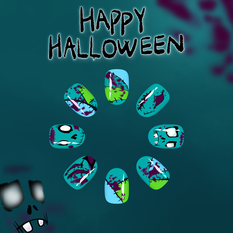 Spooktacular Medium Oval Blue and Green Haunted Design Nail Set