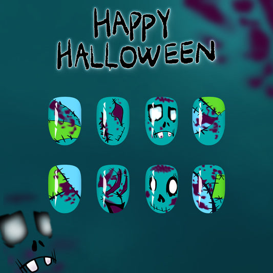 Spooky Halloween Medium Oval Press On Nail Set in Vibrant Teal with Unique Monster Patchwork Design