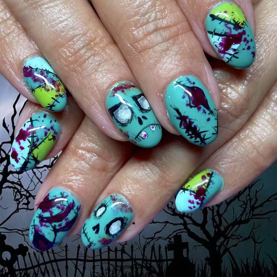 Spooky Glamour Medium Oval Shaped Turquoise Nails with Creepy Halloween Artwork