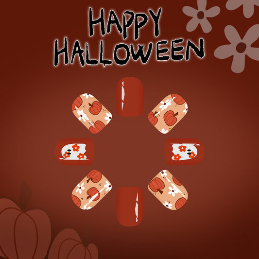 Spooky Autumn Vibes Short Square Rust Orange Nails with Pumpkin Floral Design