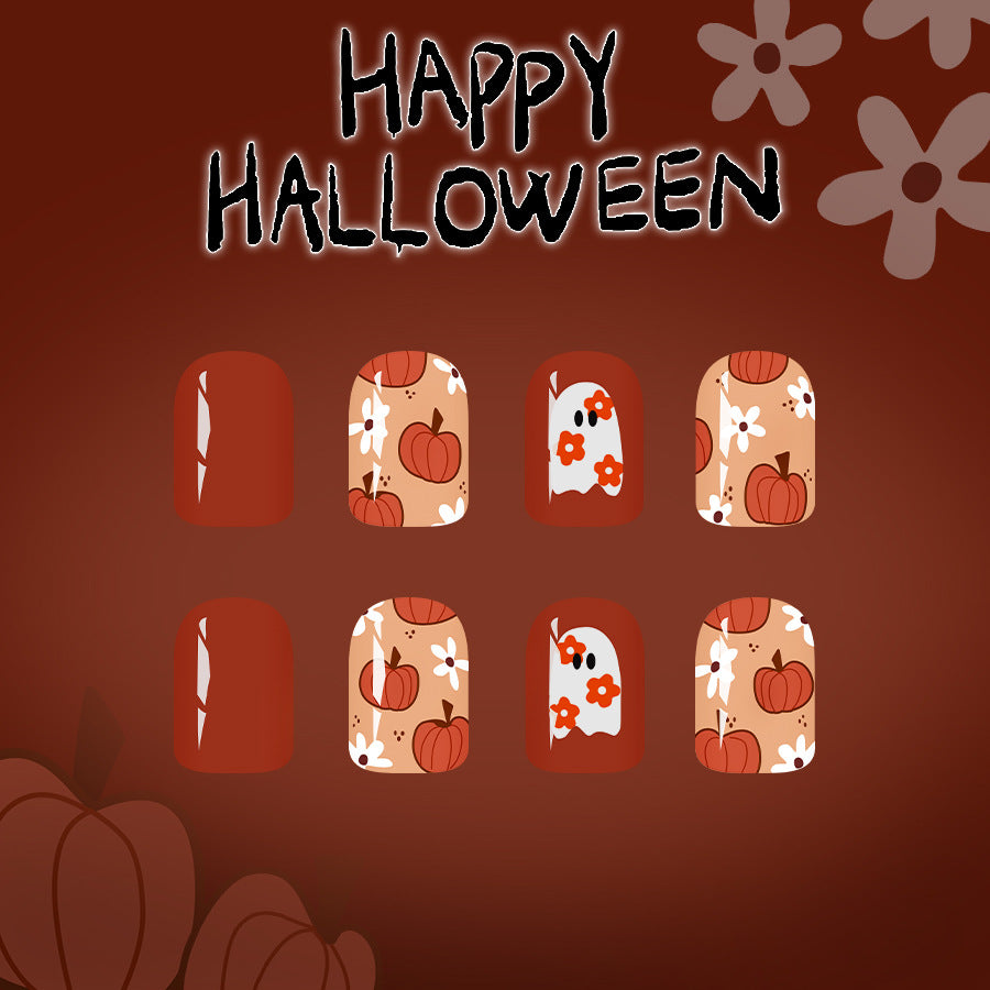 Spooky Autumn Short Square Red and Beige Nail Set with Pumpkin and Flower Designs