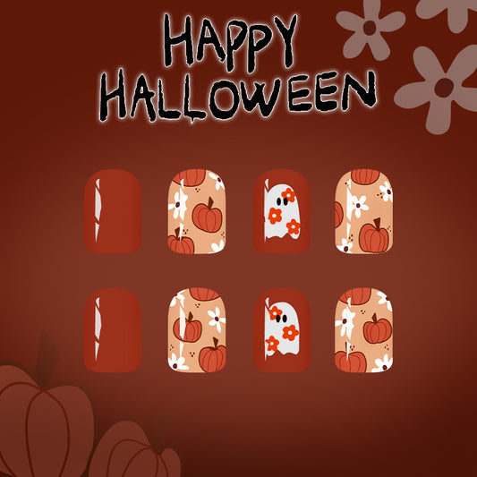 Spooky Autumn Short Square Red and Beige Nail Set with Pumpkin and Flower Designs