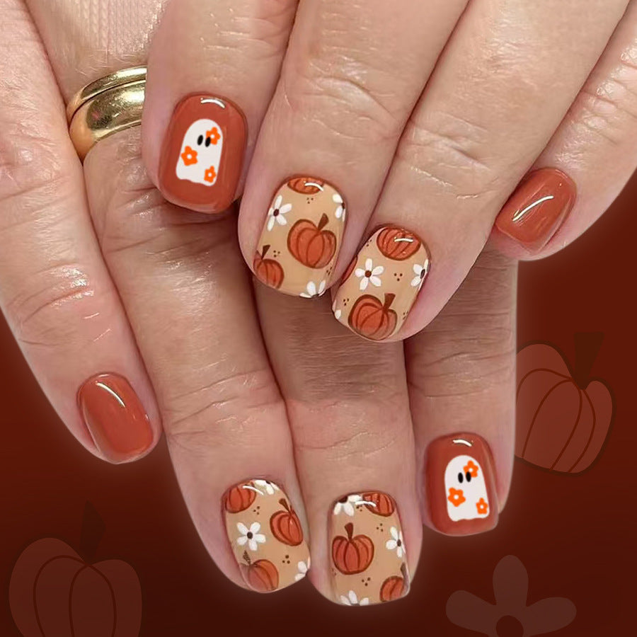 Autumn Whimsy Short Square Rust Orange and Beige with Pumpkin and Ghost Design Press-On Nail Set