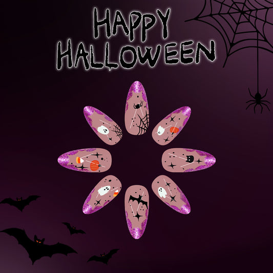 Spooky Halloween Long Almond Purple Glitter Press On Nail Set with Whimsical Haunted Designs