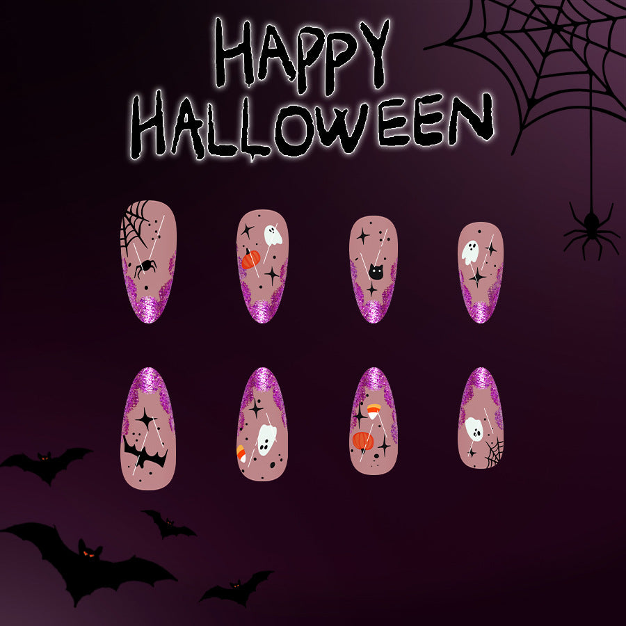 Spooky Elegance Glamorous Long Almond Shaped Lavender with Festive Halloween Designs Press On Nail Set