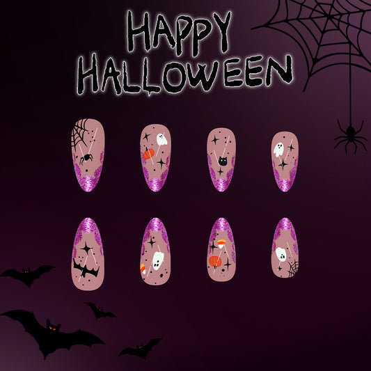 Spooky Elegance Glamorous Long Almond Shaped Lavender with Festive Halloween Designs Press On Nail Set