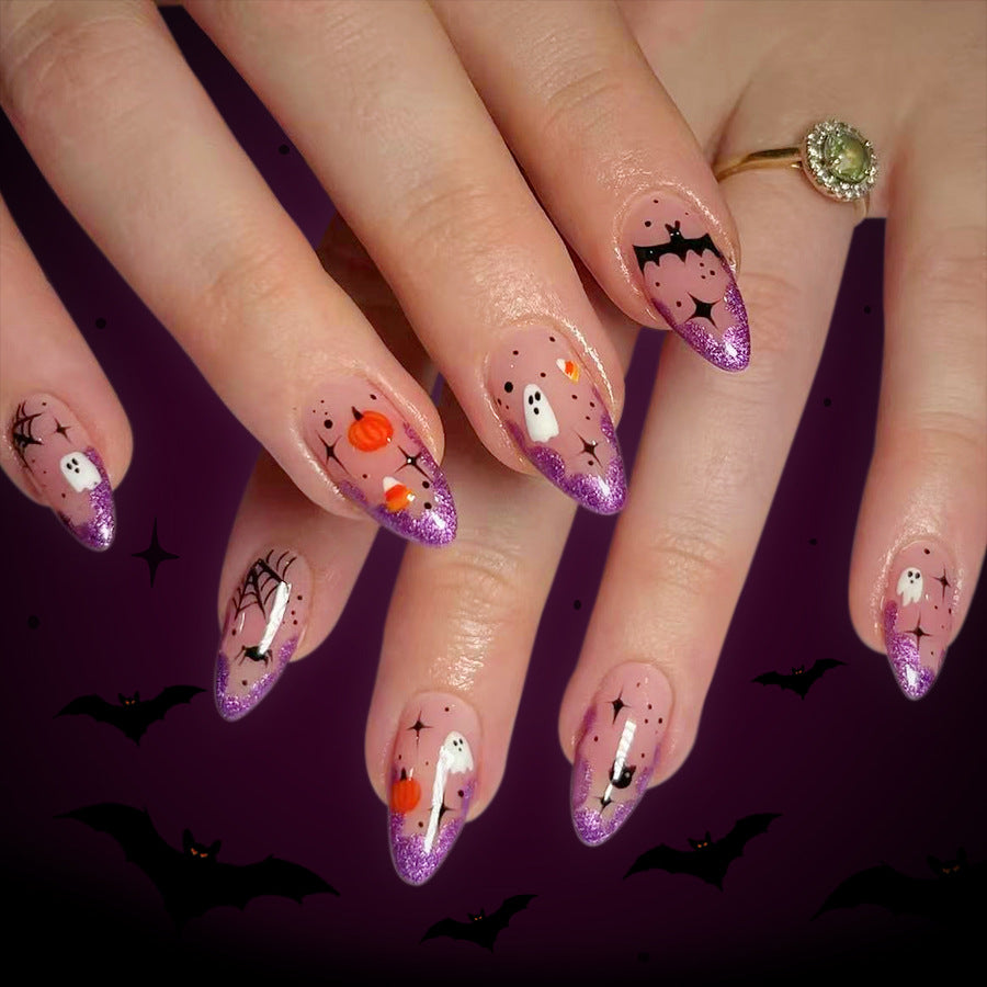 Spooktacular Long Almond Purple Glitter Halloween Press-On Nail Set with Patterned Ghosts and Pumpkins
