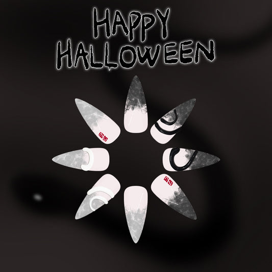Spooky Halloween Long Stiletto Black and White Marble Press on Nail Set with Unique Artistic Swirls