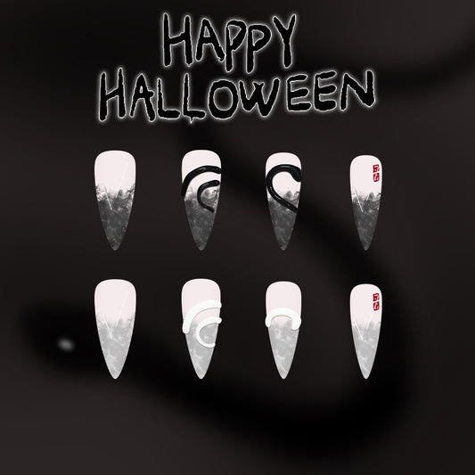 Spooky Elegance Premium Long Stiletto Black and White Nail Set with Unique Swirl Patterns