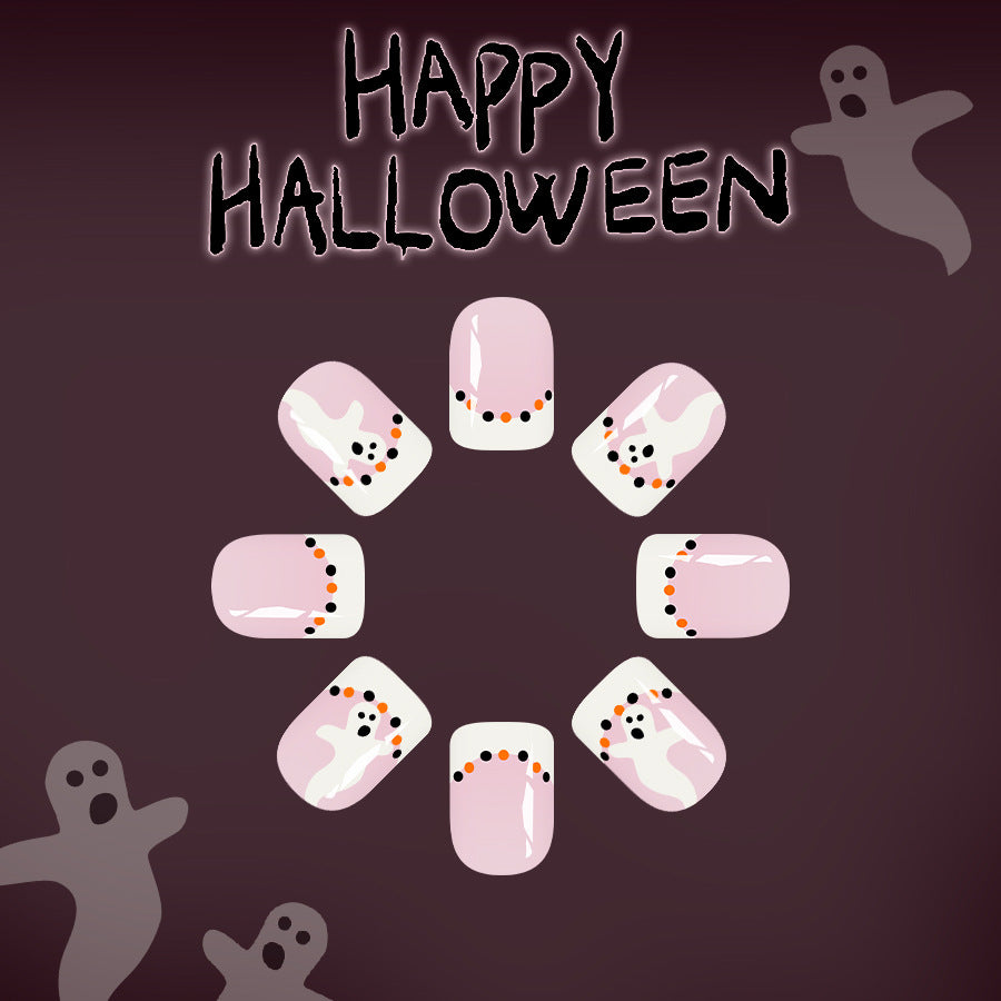 Spooky Halloween Short Square Pink Ghost-Decorated Press On Nail Set