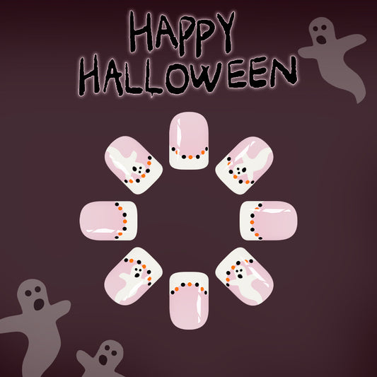 Spooky Halloween Short Square Pink Ghost-Decorated Press On Nail Set