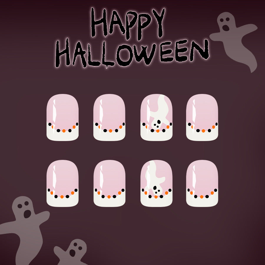 Spooky Elegance Short Square Pink with Ghosts and Black Dots Press On Nail Set